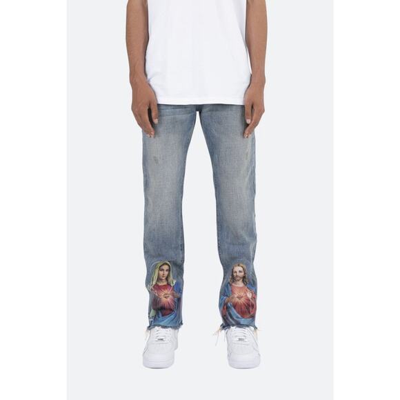 MNML Jesus & Mary Straight Leg Jeans Men’s 32 Light Wash Raw Hem Streetwear - Picture 1 of 12